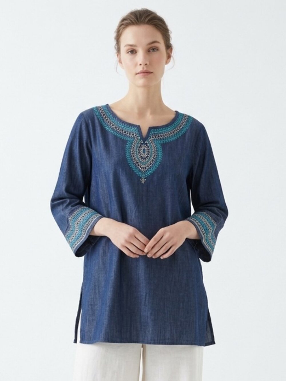 Zozo Blouse Blue Chambray Embroidered Boho Festival Casual XL